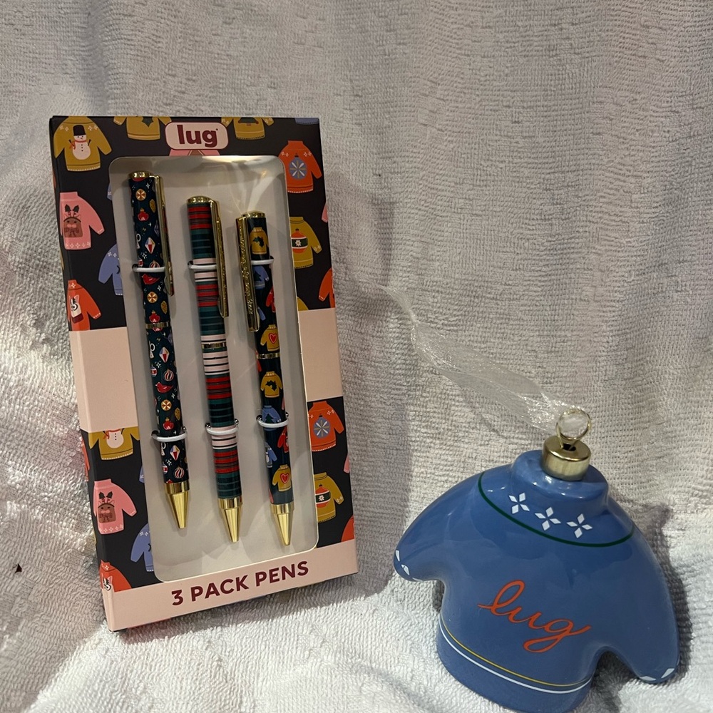 Lug Holiday Sweater Pen Set with Lug Blue Sweater Ceramic Ornament